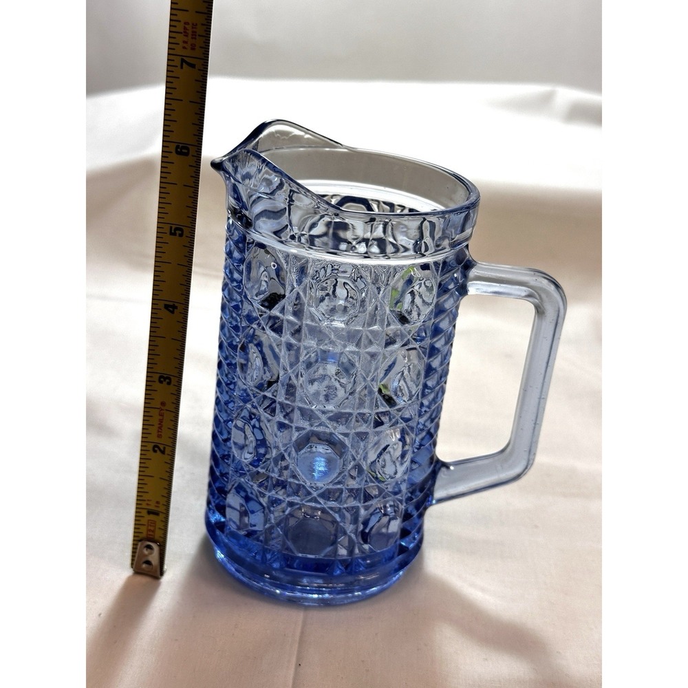 Vintage Indiana Glass Windsor Blue Aegean Button & Cane‎ Milk Pitcher